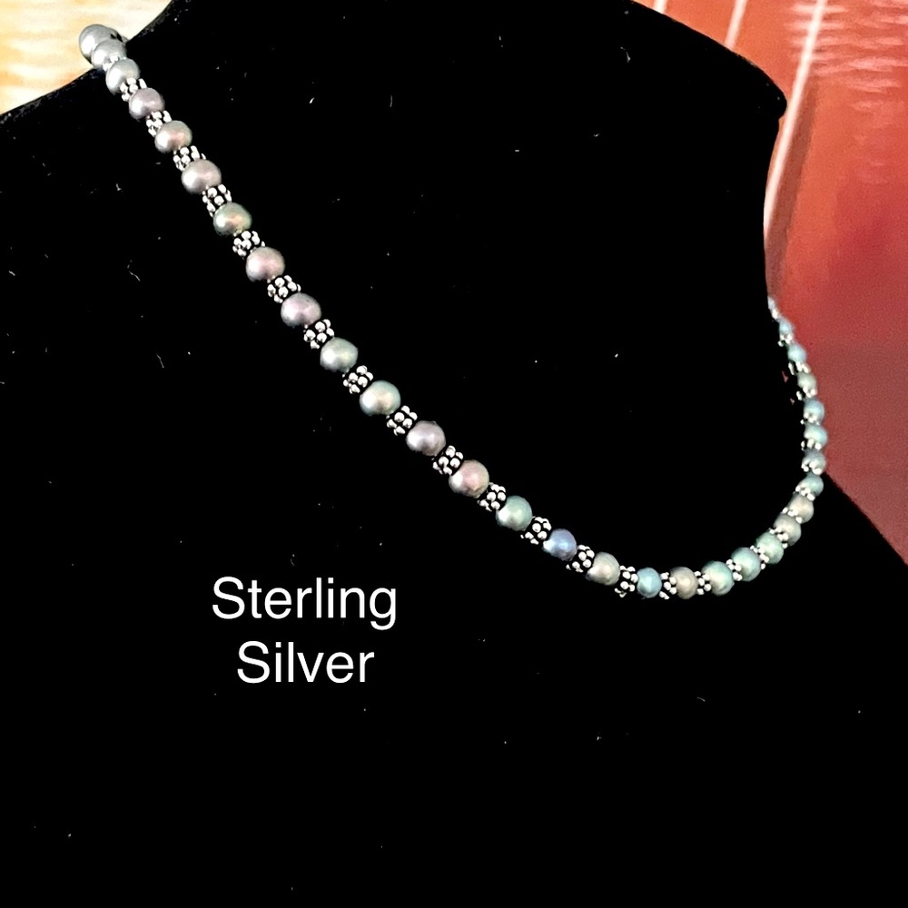 GENUINE PEACOCK PEARL NECKLACE WOMANS STERLING SILVER 925 COLLAR CHOKER CHOCKER
